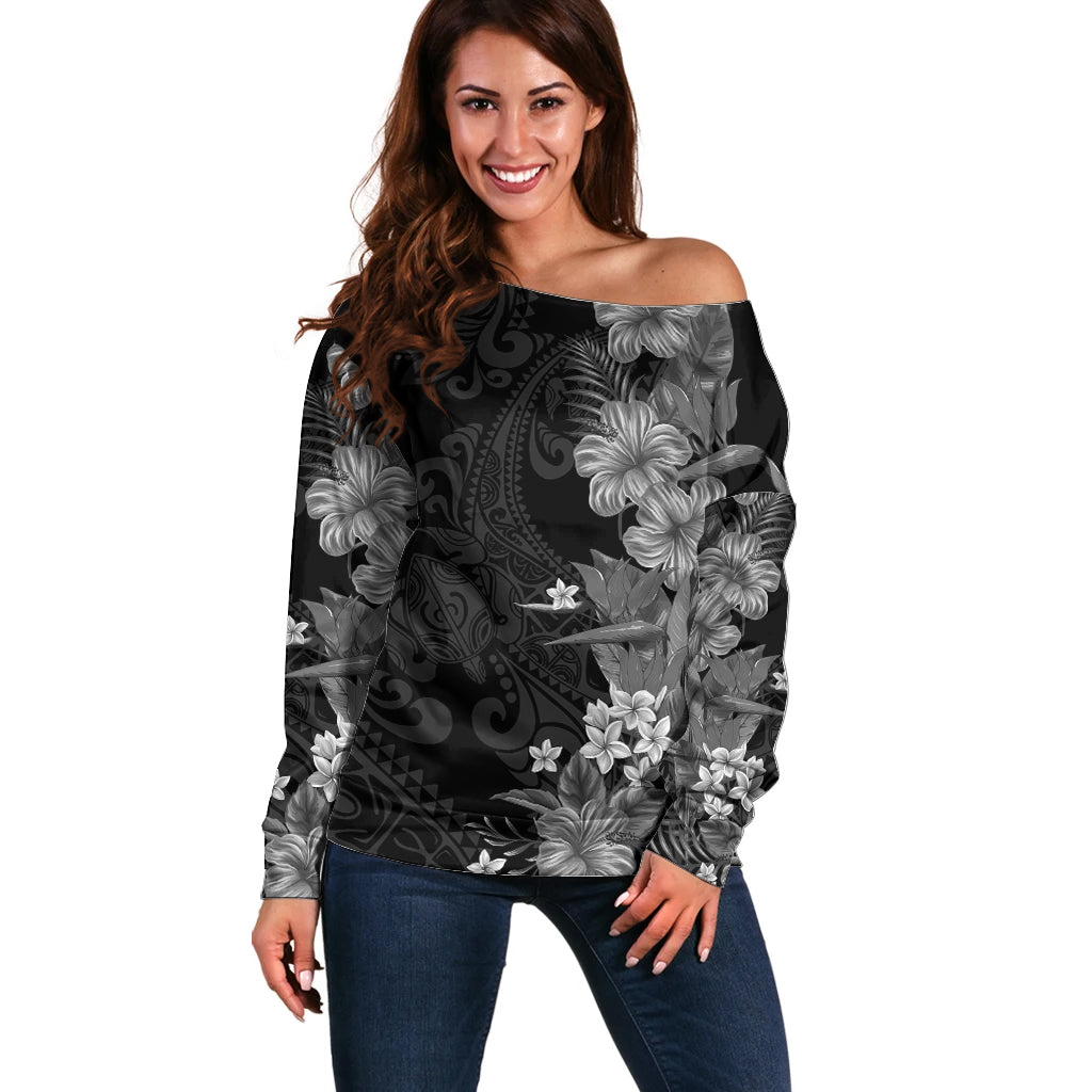 Hawaii Tropical Flowers Tribal Pattern Off Shoulder Sweater Black Style LT9 Women Black - Polynesian Pride