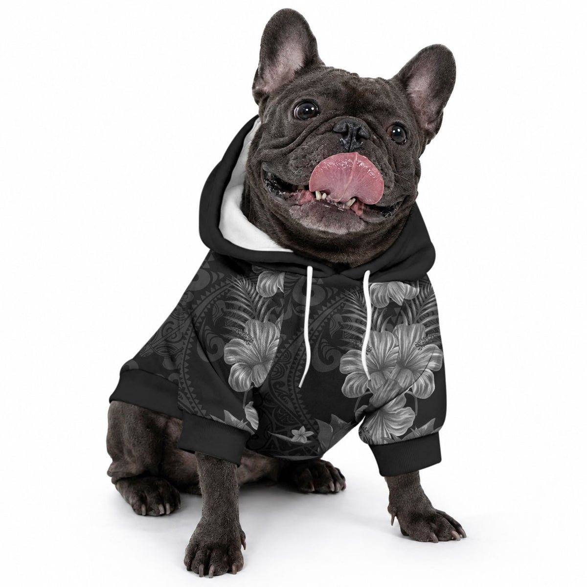 Hawaii Tropical Flowers Tribal Pattern Pet Hoodie Black Style LT9 - Polynesian Pride