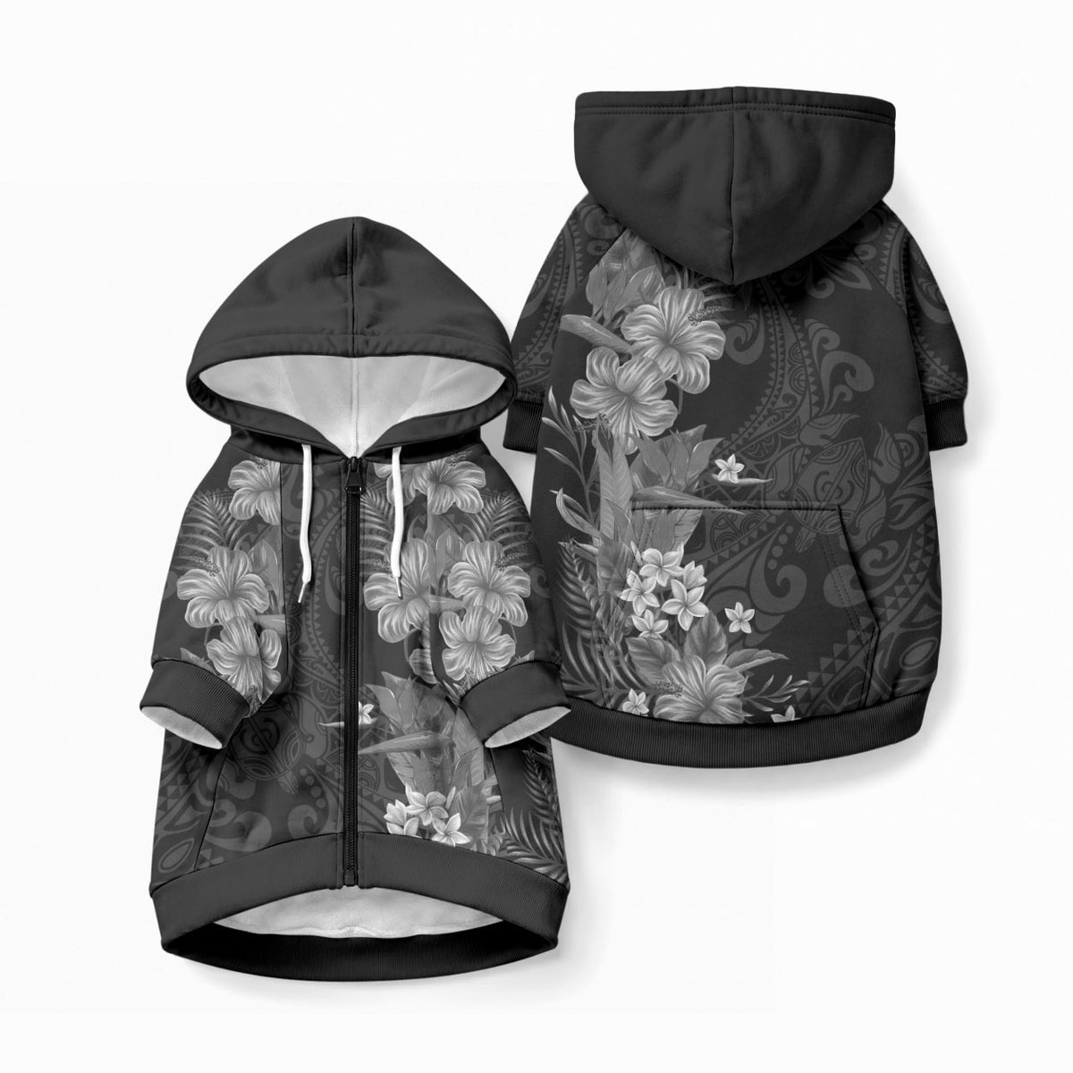 Hawaii Tropical Flowers Tribal Pattern Pet Hoodie Black Style LT9 Zip-up Black - Polynesian Pride