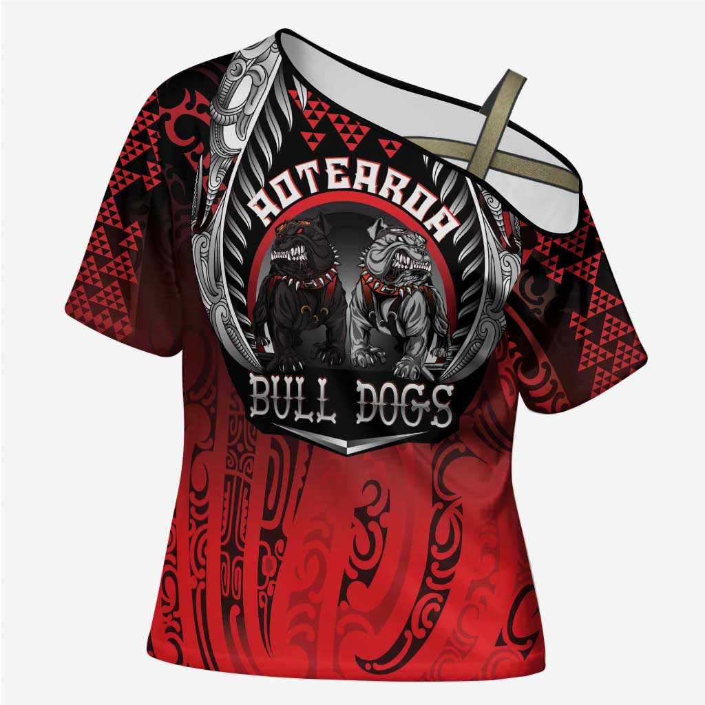 Aotearoa Bulldog Personalised Cross Shoulder Shirt Maori Kowhaiwhai Motif LT9 Female Red - Polynesian Pride