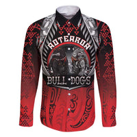 Aotearoa Bulldog Personalised Family Matching Long Sleeve Bodycon Dress and Hawaiian Shirt Maori Kowhaiwhai Motif LT9 Dad's Shirt - Long Sleeve Red - Polynesian Pride
