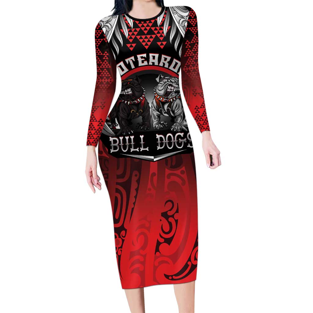 Aotearoa Bulldog Personalised Family Matching Long Sleeve Bodycon Dress and Hawaiian Shirt Maori Kowhaiwhai Motif LT9 Mom's Dress Red - Polynesian Pride