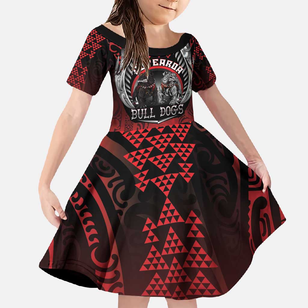 Aotearoa Bulldog Personalised Family Matching Mermaid Dress and Hawaiian Shirt Maori Kowhaiwhai Motif LT9 Daughter's Dress Red - Polynesian Pride