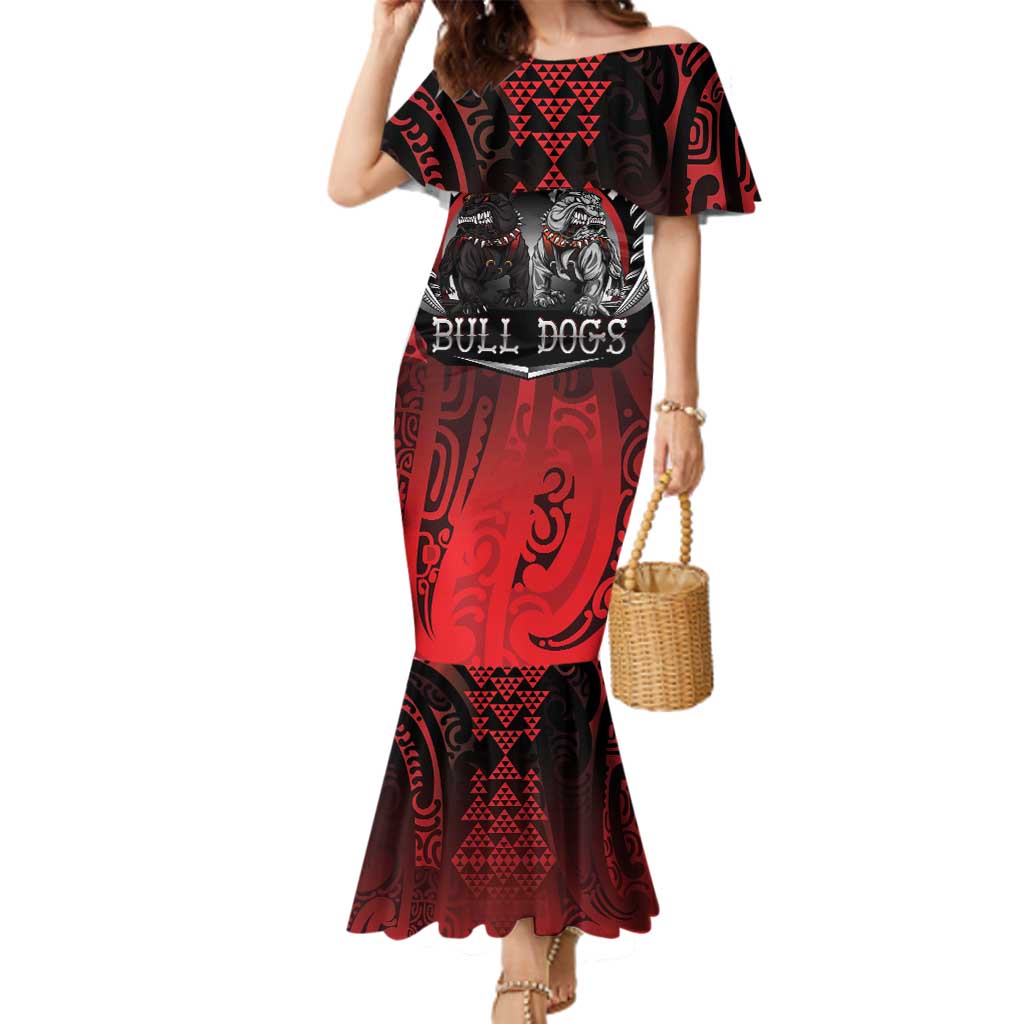 Aotearoa Bulldog Personalised Family Matching Mermaid Dress and Hawaiian Shirt Maori Kowhaiwhai Motif LT9 Mom's Dress Red - Polynesian Pride