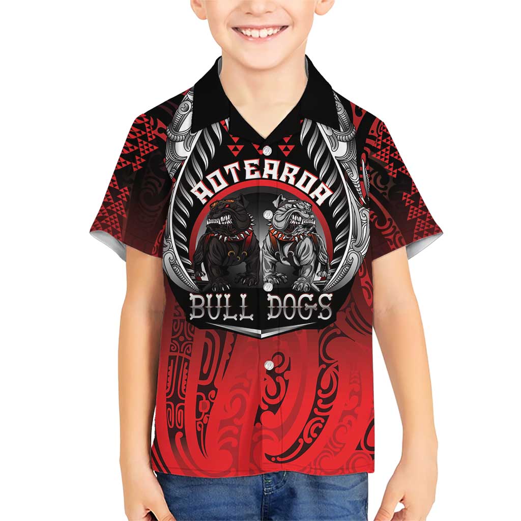 Aotearoa Bulldog Personalised Family Matching Short Sleeve Bodycon Dress and Hawaiian Shirt Maori Kowhaiwhai Motif LT9 Son's Shirt Red - Polynesian Pride