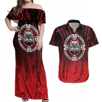 Aotearoa Bulldog Couples Matching Off Shoulder Maxi Dress and Hawaiian Shirt New Zealand Kowhaiwhai Tribal