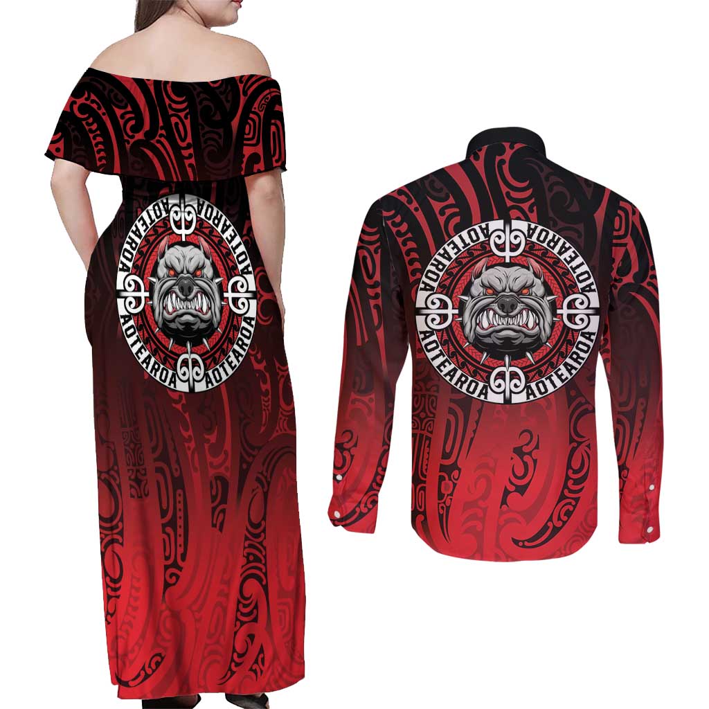 Aotearoa Bulldog Couples Matching Off Shoulder Maxi Dress and Long Sleeve Button Shirt New Zealand Kowhaiwhai Tribal