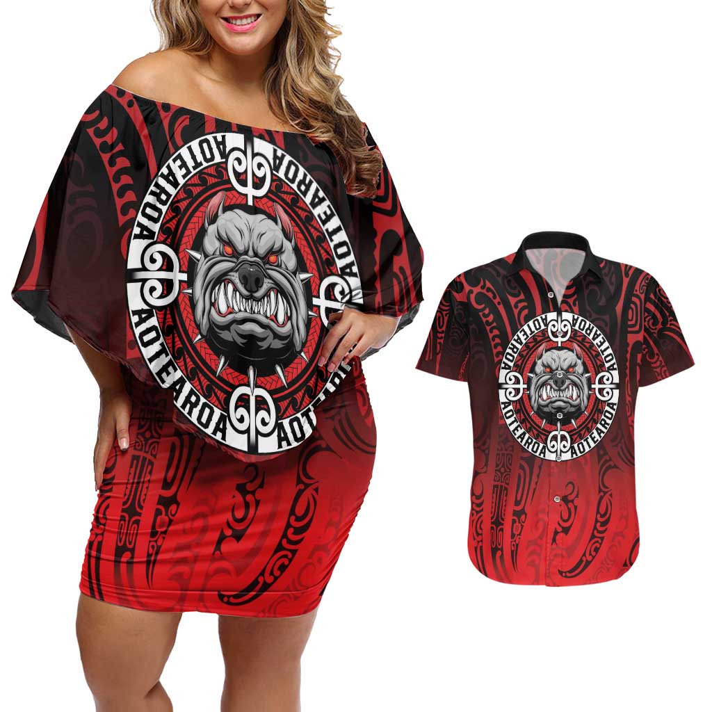Aotearoa Bulldog Couples Matching Off Shoulder Short Dress and Hawaiian Shirt New Zealand Kowhaiwhai Tribal