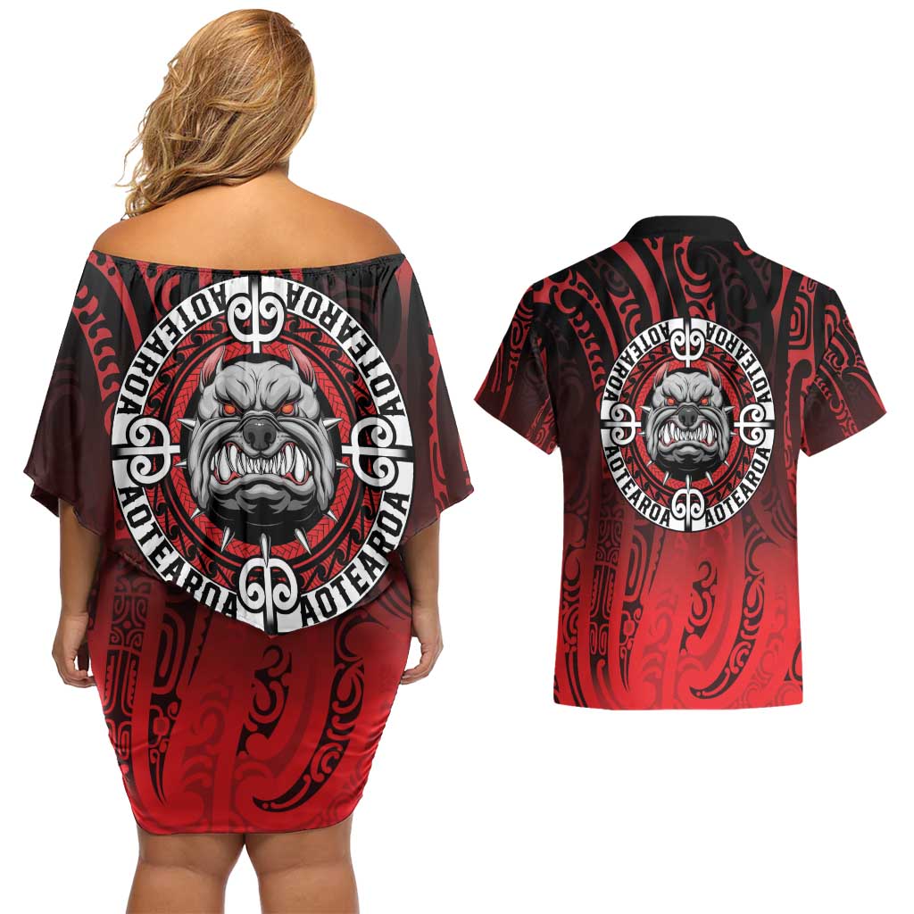 Aotearoa Bulldog Couples Matching Off Shoulder Short Dress and Hawaiian Shirt New Zealand Kowhaiwhai Tribal