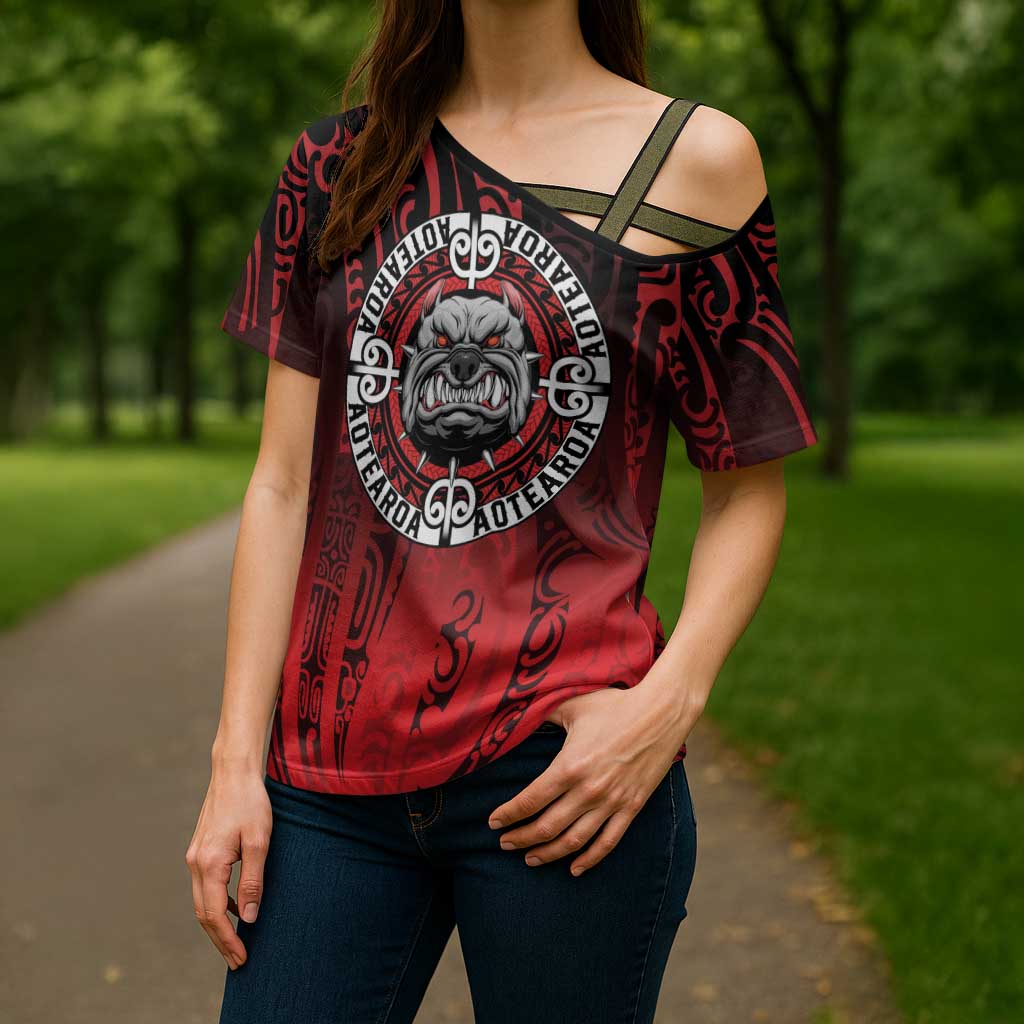 Aotearoa Bulldog Cross Shoulder Shirt New Zealand Kowhaiwhai Tribal LT9 - Polynesian Pride