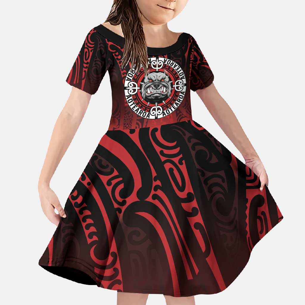 Aotearoa Bulldog Family Matching Short Sleeve Bodycon Dress and Hawaiian Shirt New Zealand Kowhaiwhai Tribal LT9 Daughter's Dress Red - Polynesian Pride