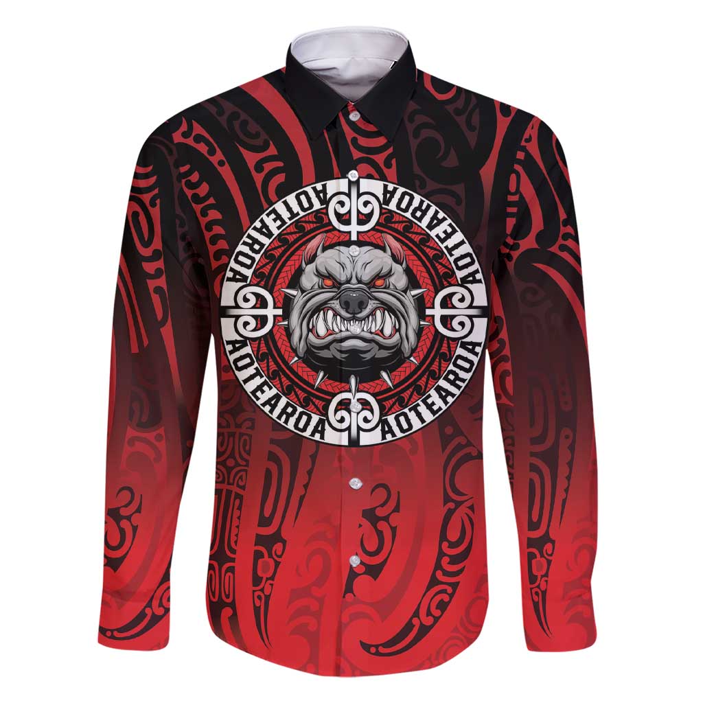 Aotearoa Bulldog Family Matching Short Sleeve Bodycon Dress and Hawaiian Shirt New Zealand Kowhaiwhai Tribal LT9 Dad's Shirt - Long Sleeve Red - Polynesian Pride