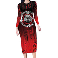 Aotearoa Bulldog Long Sleeve Bodycon Dress New Zealand Kowhaiwhai Tribal LT9 Long Dress Red - Polynesian Pride