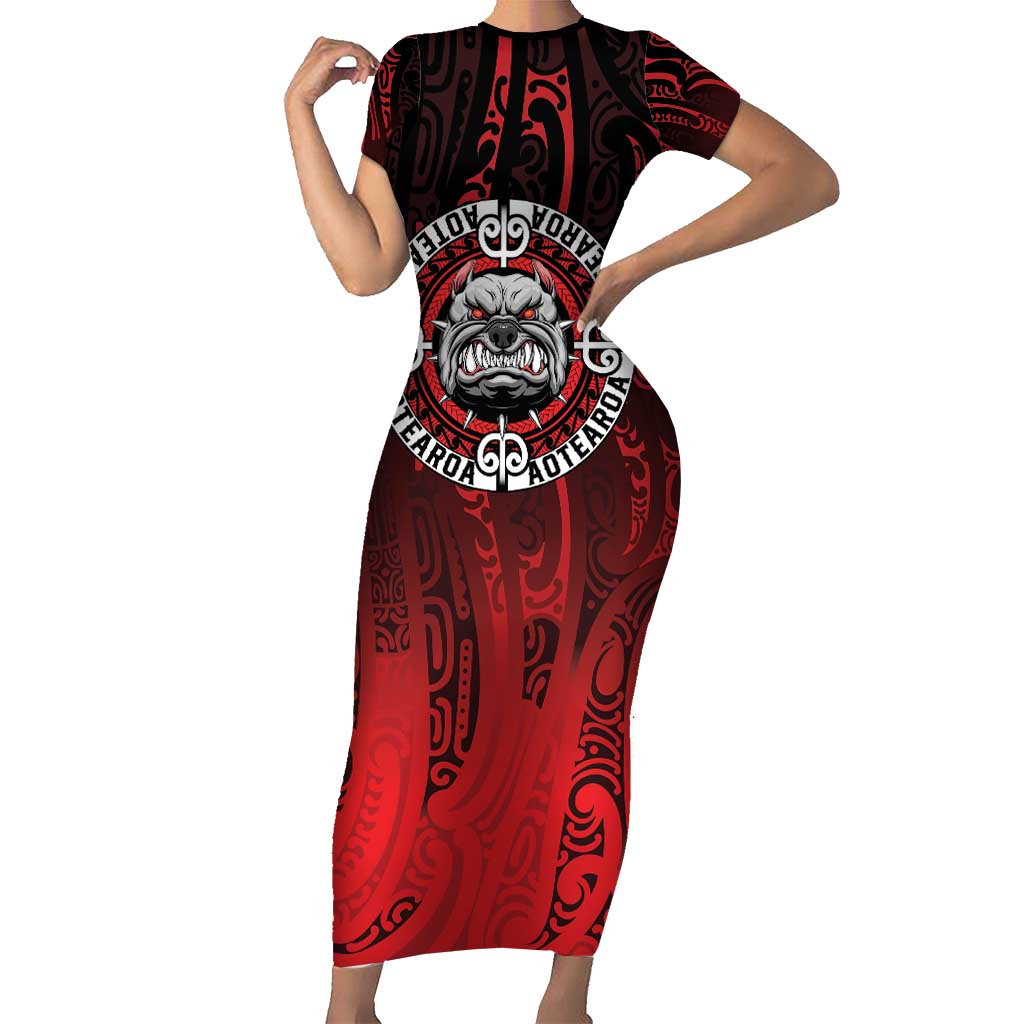 Aotearoa Bulldog Short Sleeve Bodycon Dress New Zealand Kowhaiwhai Tribal LT9 Long Dress Red - Polynesian Pride