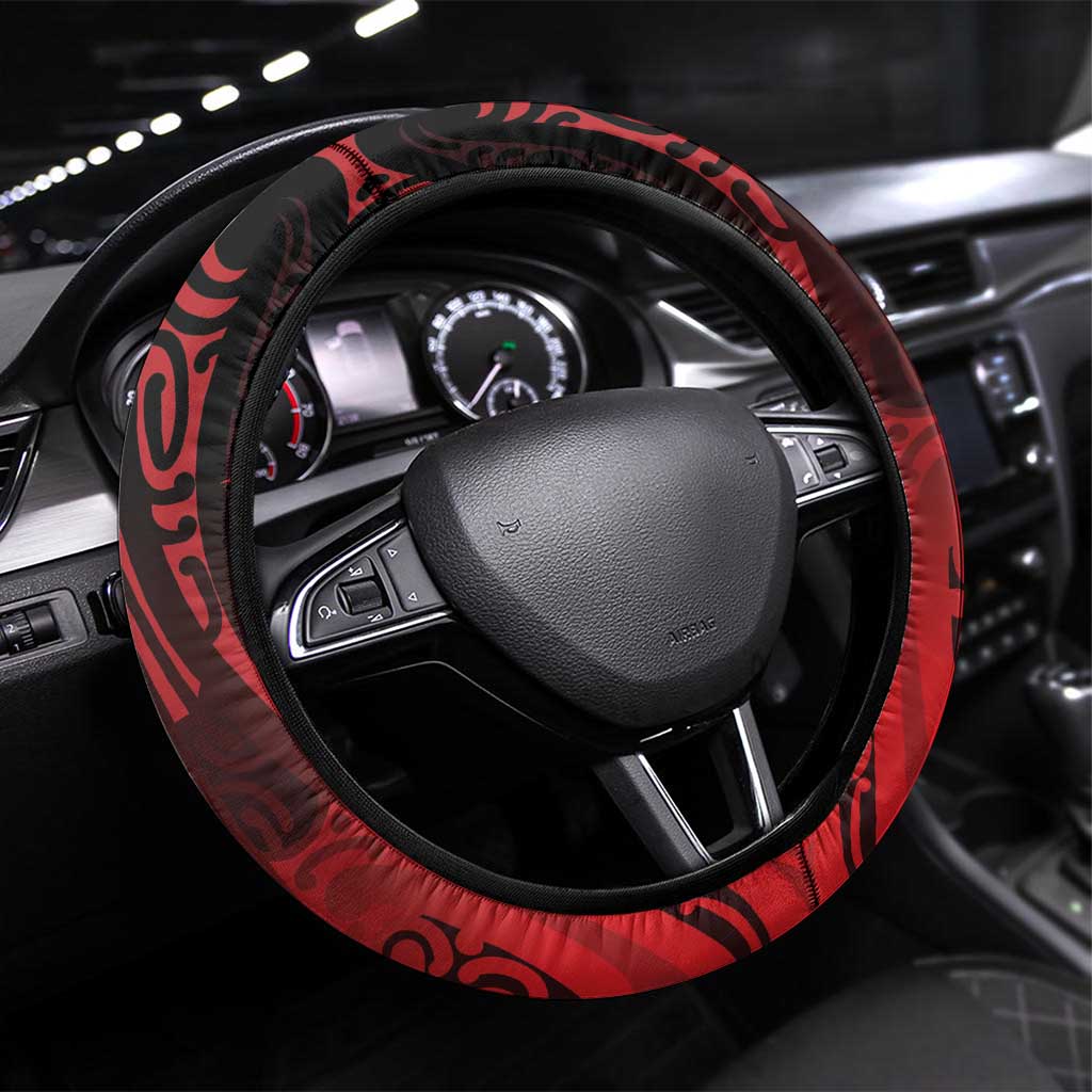 Aotearoa Bulldog Steering Wheel Cover New Zealand Kowhaiwhai Tribal LT9 Universal Fit Red - Polynesian Pride