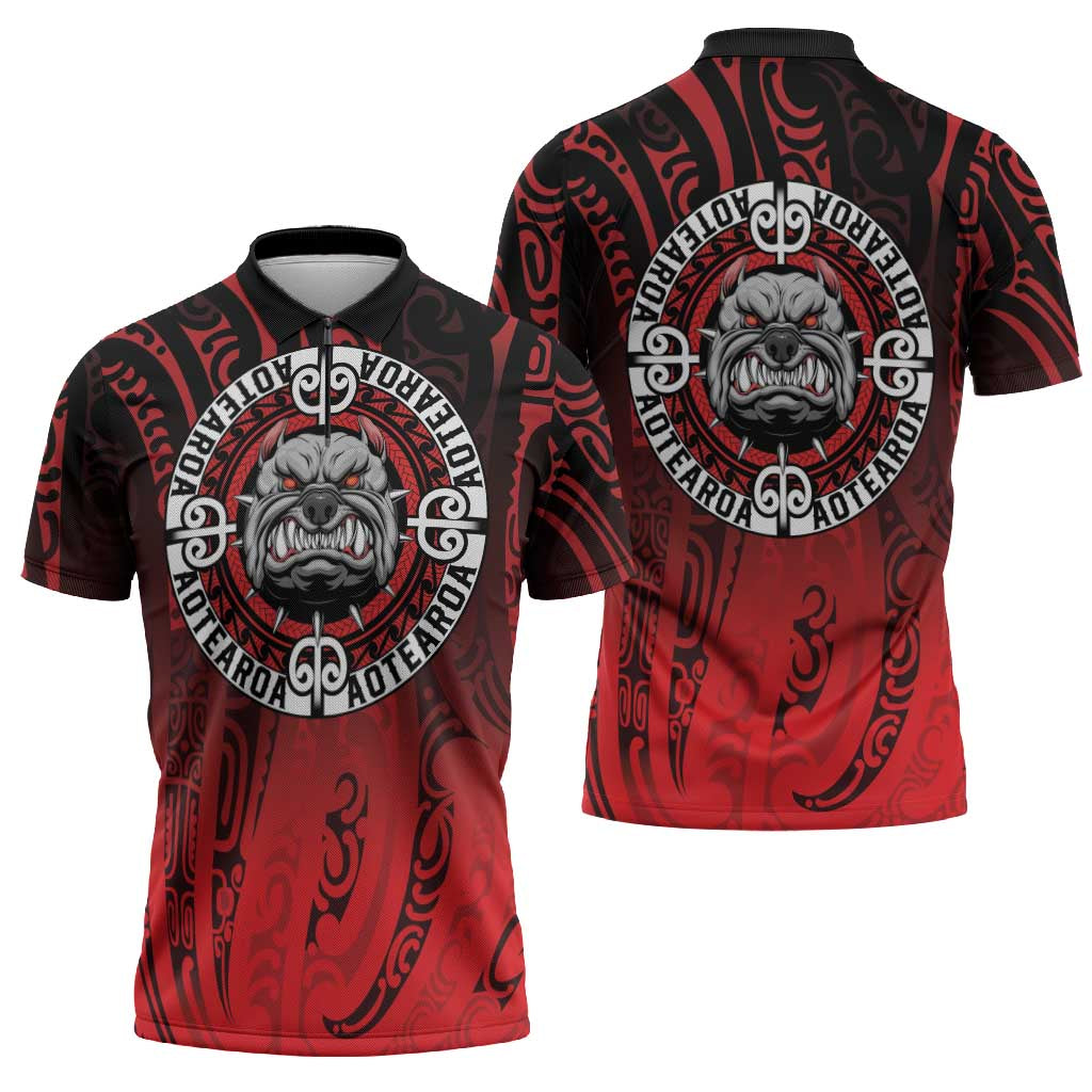 Aotearoa Bulldog Zipper Polo Shirt New Zealand Kowhaiwhai Tribal LT9 - Polynesian Pride