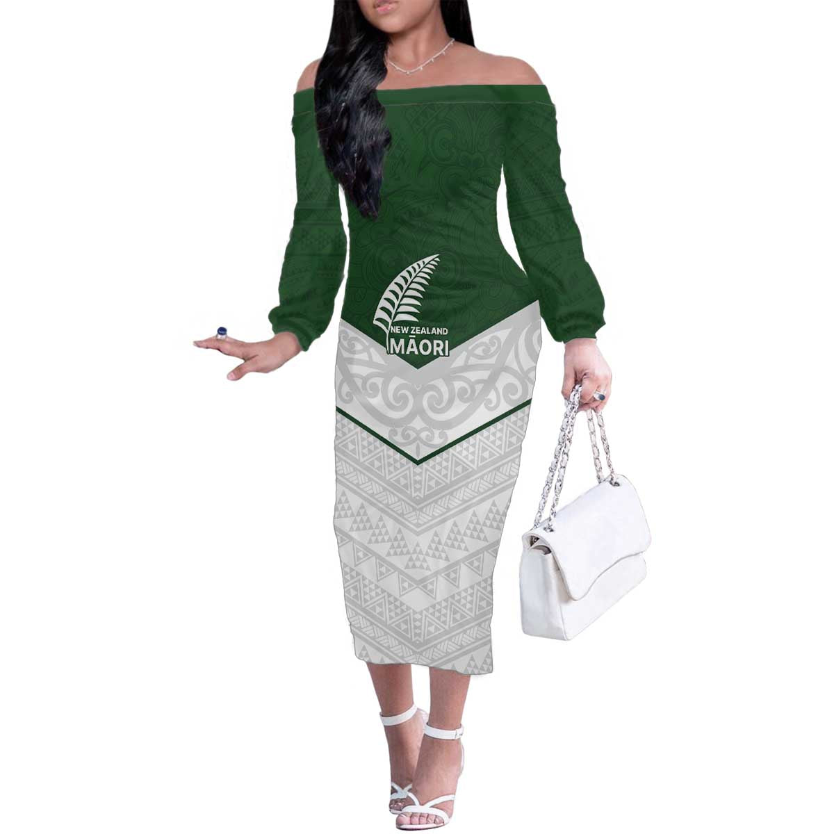 Custom New Zealand Maori Niho Taniwha Family Matching Off The Shoulder Long Sleeve Dress and Hawaiian Shirt