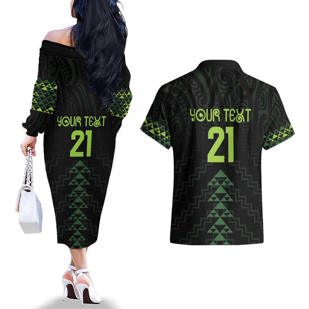 Custom New Zealand Maori Koru Koiri Motif Couples Matching Off The Shoulder Long Sleeve Dress and Hawaiian Shirt