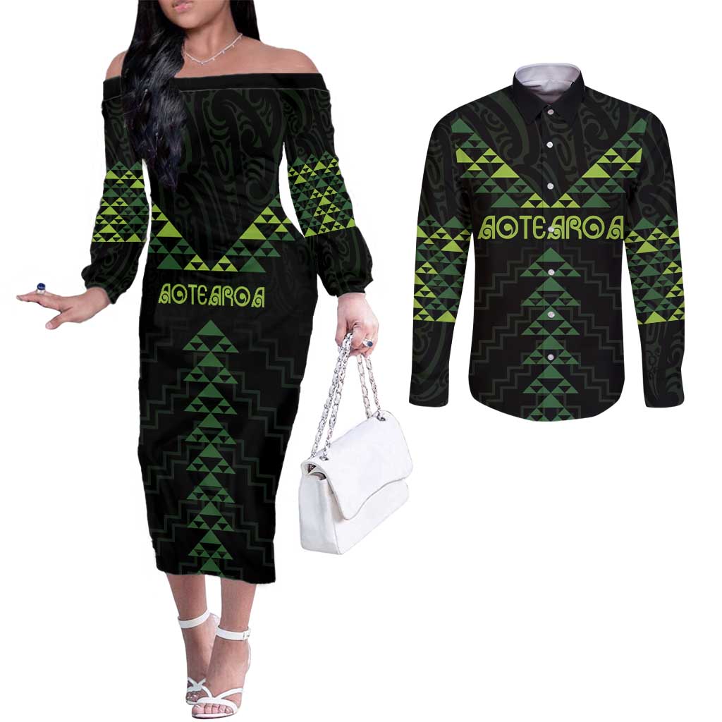 Custom New Zealand Maori Koru Koiri Motif Couples Matching Off The Shoulder Long Sleeve Dress and Long Sleeve Button Shirt