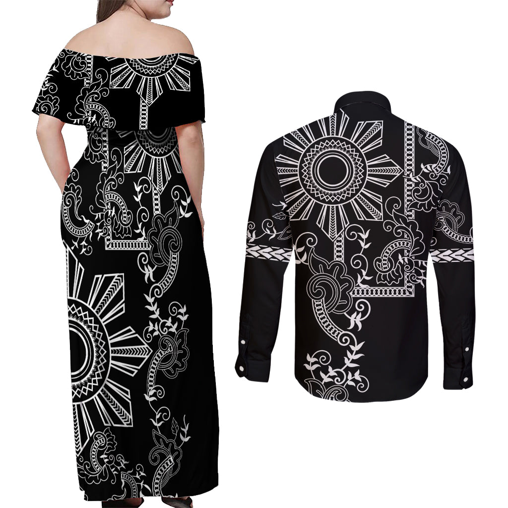 Filipino Sun Tribal Tattoo Couples Matching Off Shoulder Maxi Dress and Long Sleeve Button Shirt Philippines Inspired Barong Simple Black