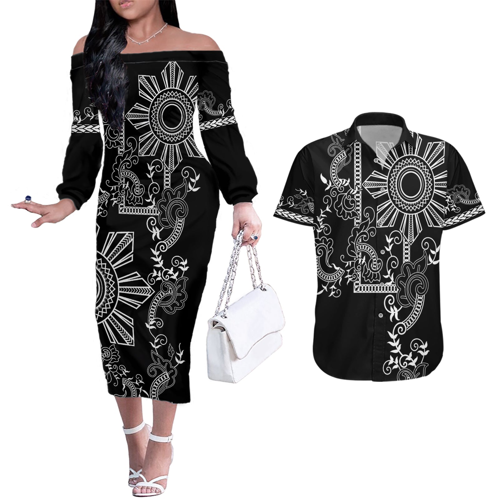 Filipino Sun Tribal Tattoo Couples Matching Off The Shoulder Long Sleeve Dress and Hawaiian Shirt Philippines Inspired Barong Simple Black