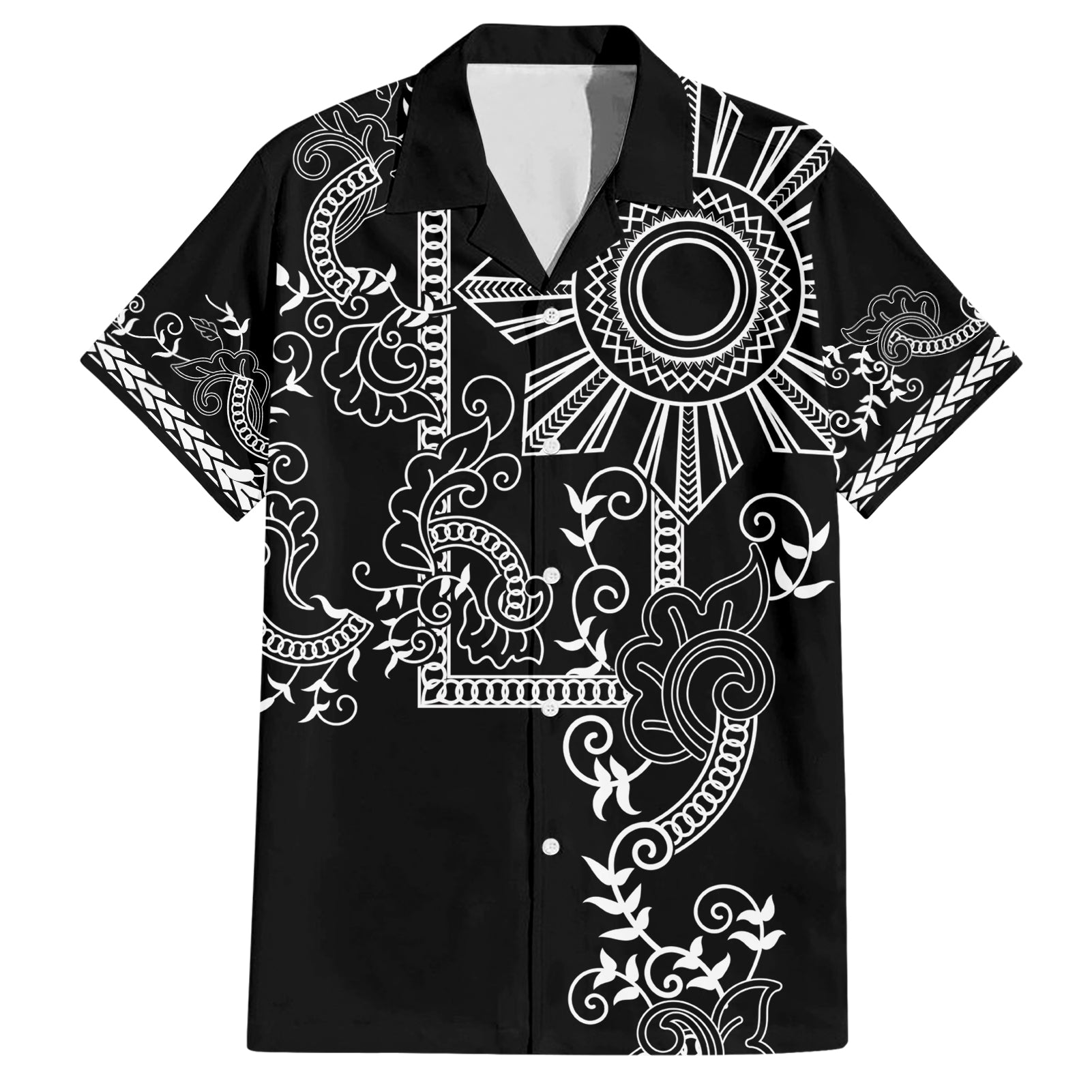 Filipino Sun Tribal Tattoo Hawaiian Shirt Philippines Inspired Barong Simple Black