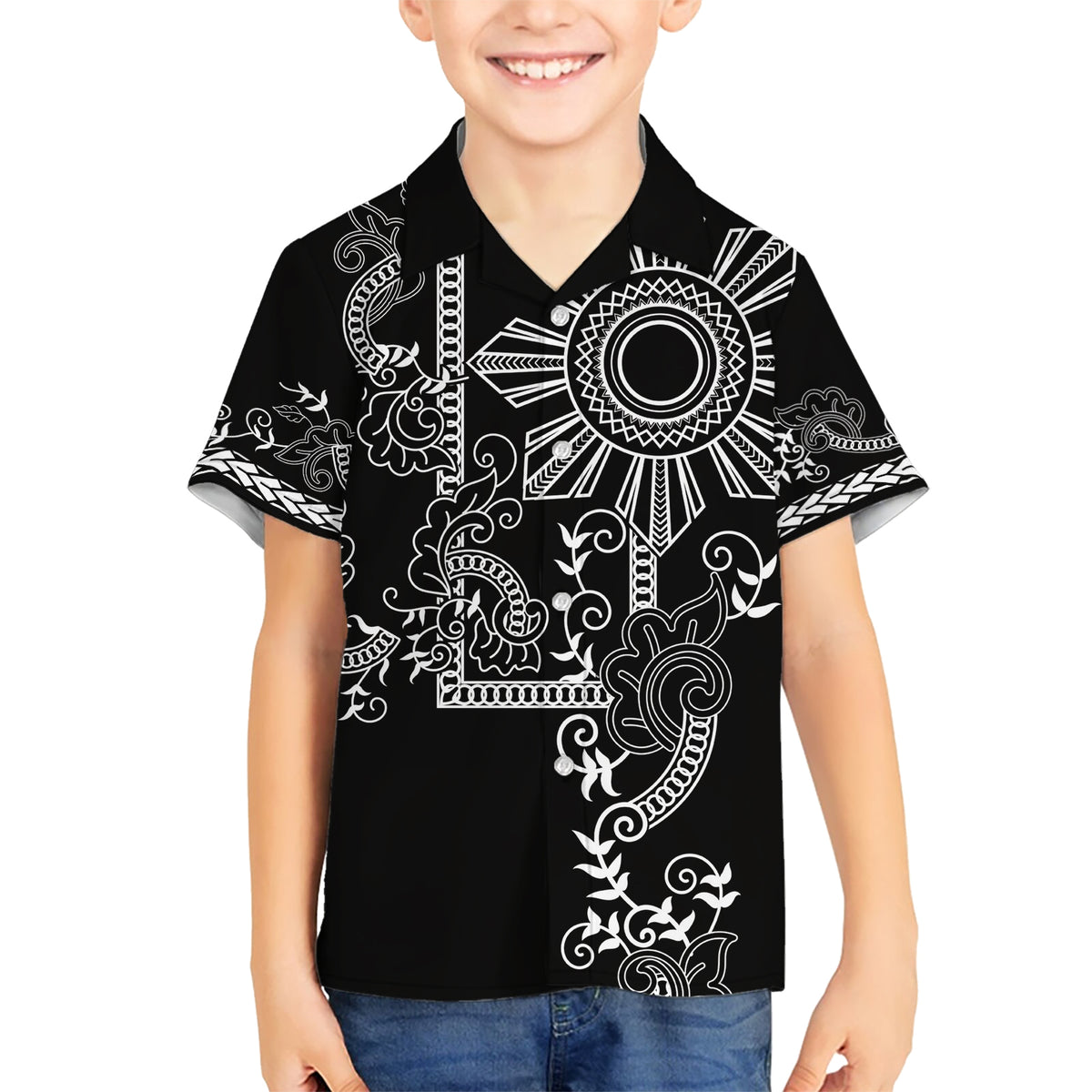Filipino Sun Tribal Tattoo Kid Hawaiian Shirt Philippines Inspired Barong Simple Black