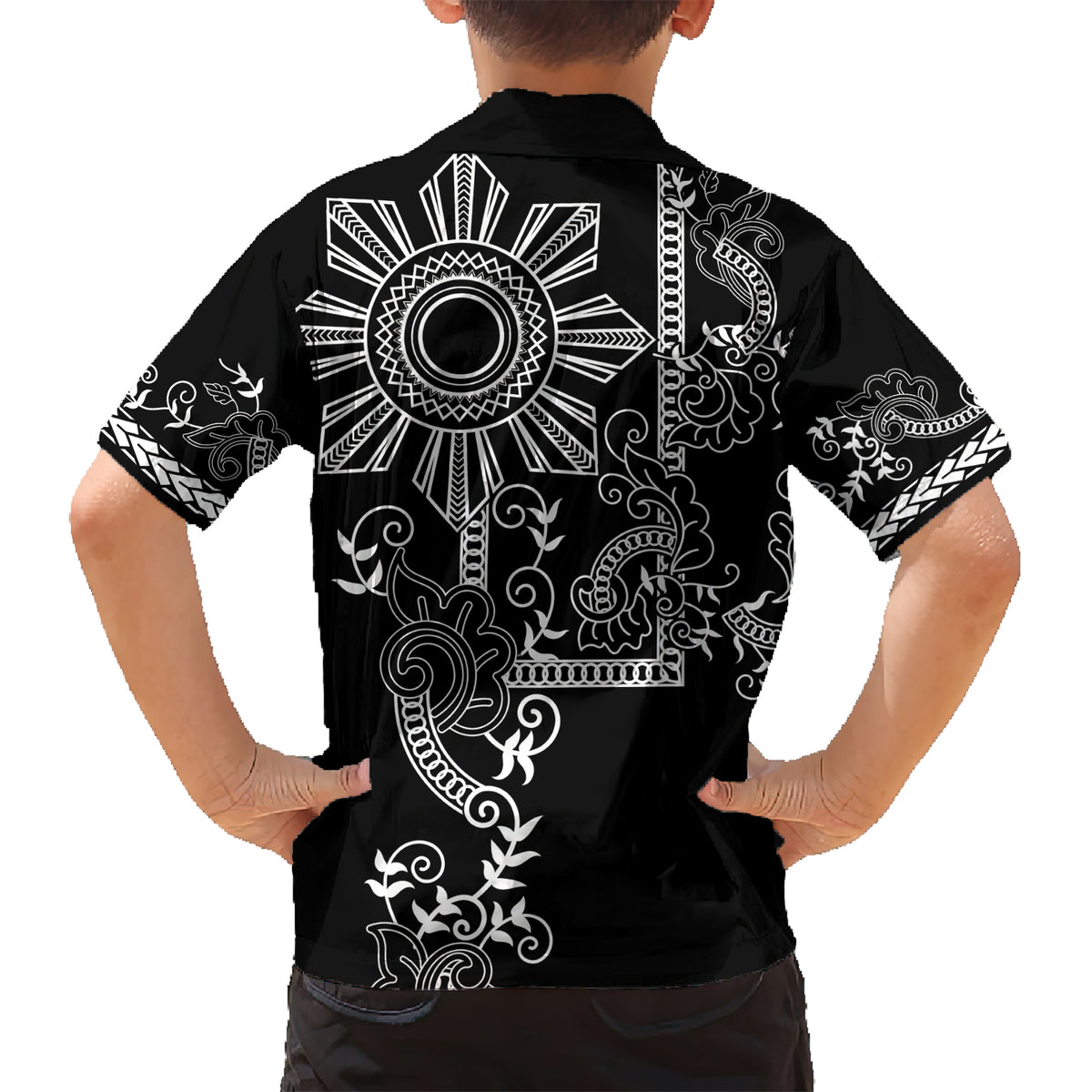Filipino Sun Tribal Tattoo Kid Hawaiian Shirt Philippines Inspired Barong Simple Black