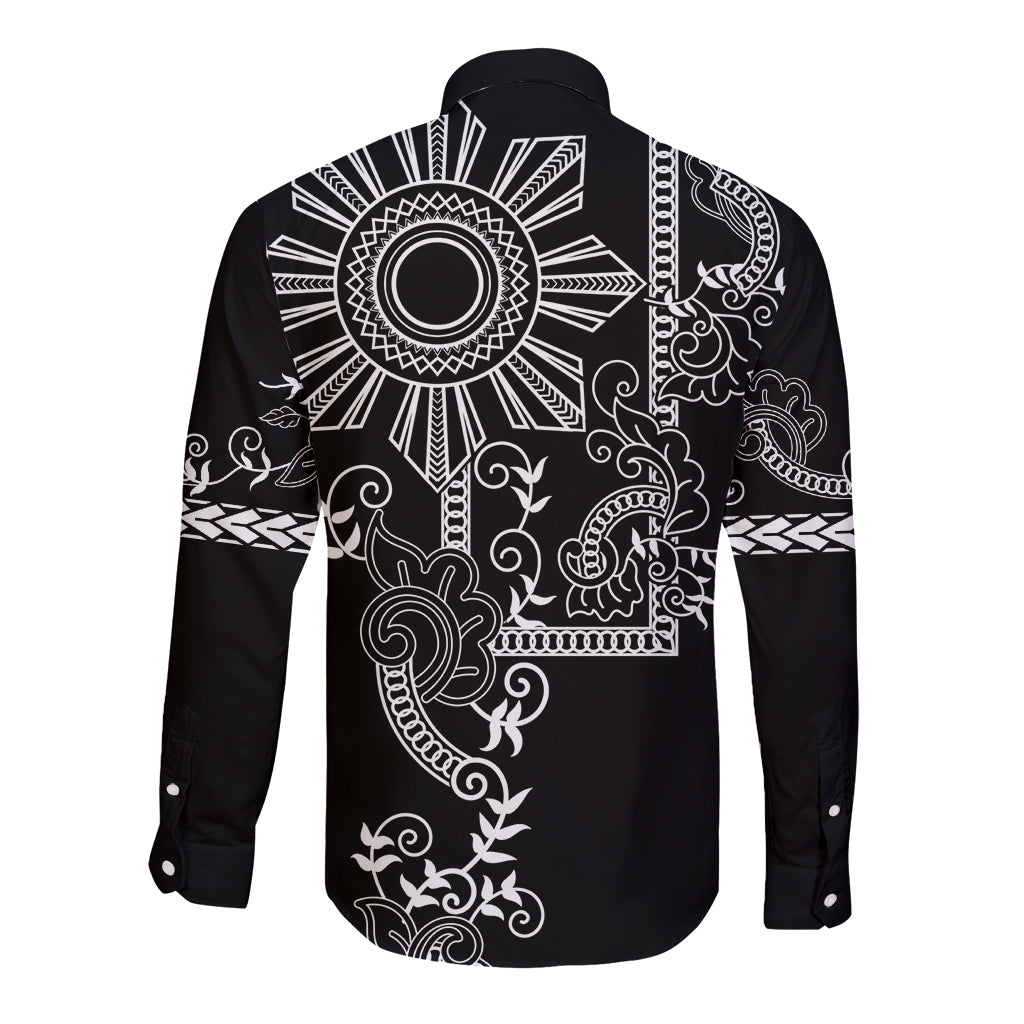 Filipino Sun Tribal Tattoo Long Sleeve Button Shirt Philippines Inspired Barong Simple Black