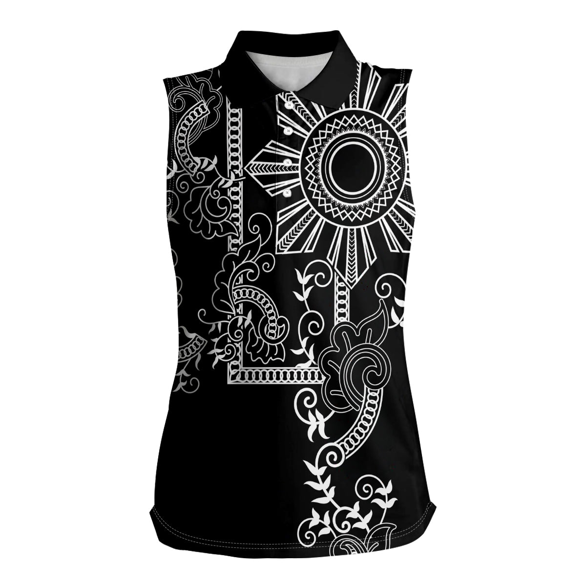 Filipino Sun Tribal Tattoo Women Sleeveless Polo Shirt Philippines Inspired Barong Simple Black