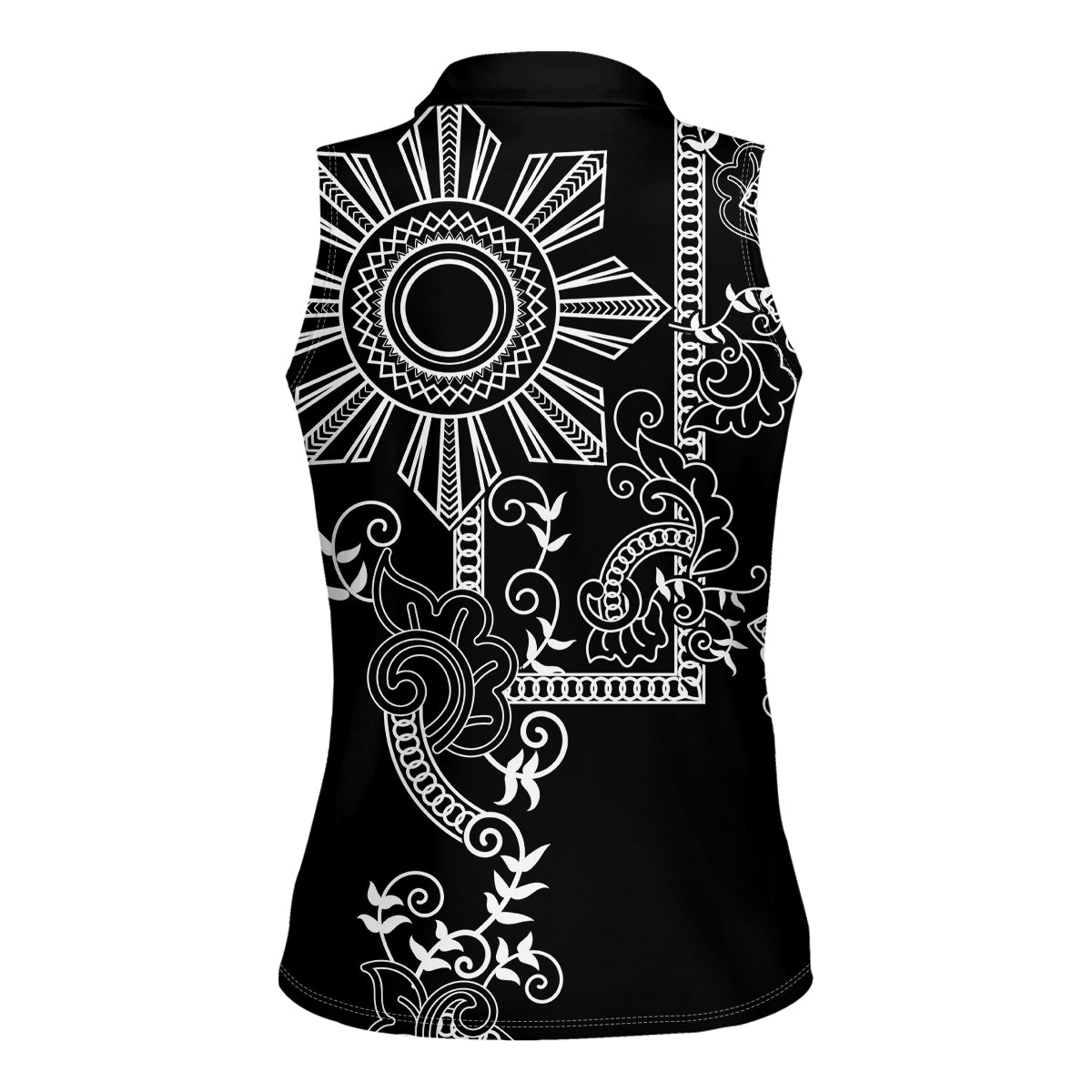 Filipino Sun Tribal Tattoo Women Sleeveless Polo Shirt Philippines Inspired Barong Simple Black
