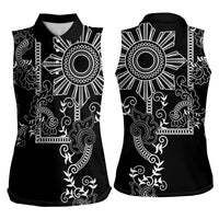 Filipino Sun Tribal Tattoo Women Sleeveless Polo Shirt Philippines Inspired Barong Simple Black