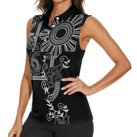 Filipino Sun Tribal Tattoo Women Sleeveless Polo Shirt Philippines Inspired Barong Simple Black