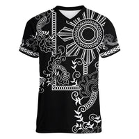 Filipino Sun Tribal Tattoo Women V-Neck T-Shirt Philippines Inspired Barong Simple Black