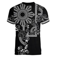 Filipino Sun Tribal Tattoo Women V-Neck T-Shirt Philippines Inspired Barong Simple Black