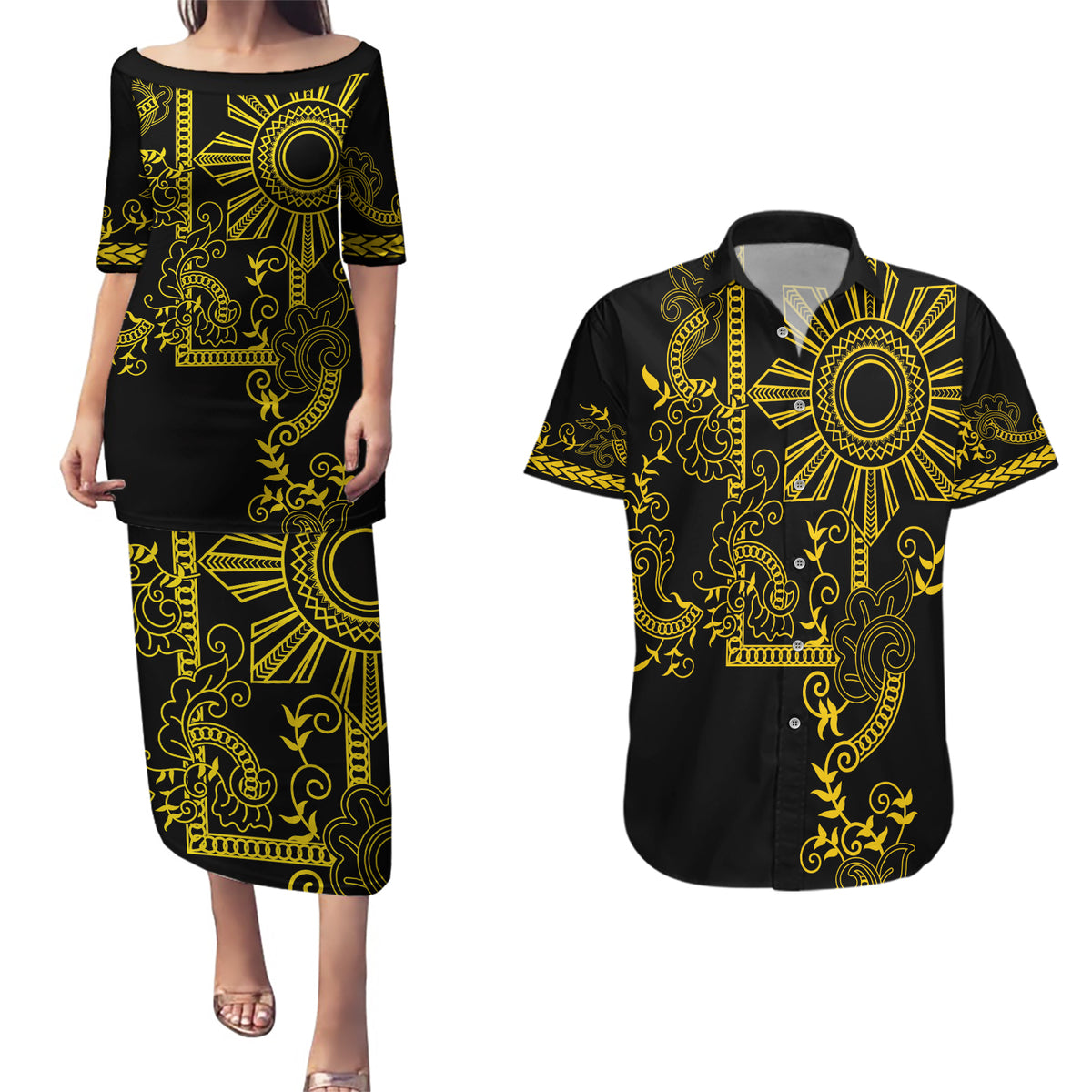 Filipino Sun Tribal Tattoo Couples Matching Puletasi and Hawaiian Shirt Philippines Inspired Barong Simple Gold