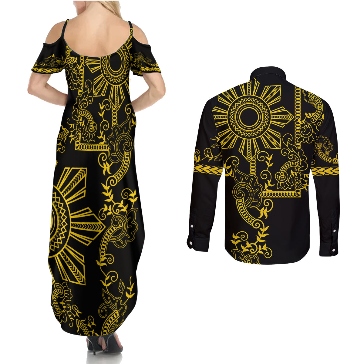 Filipino Sun Tribal Tattoo Couples Matching Summer Maxi Dress and Long Sleeve Button Shirt Philippines Inspired Barong Simple Gold