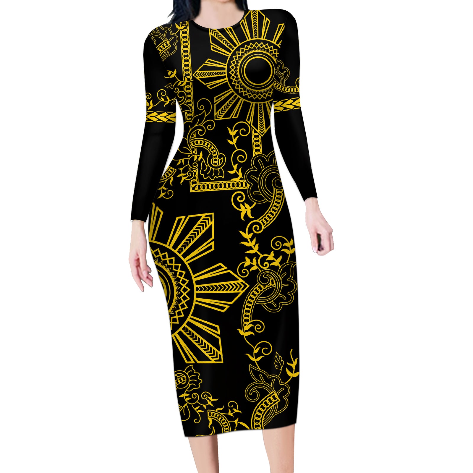 Filipino Sun Tribal Tattoo Long Sleeve Bodycon Dress Philippines Inspired Barong Simple Gold