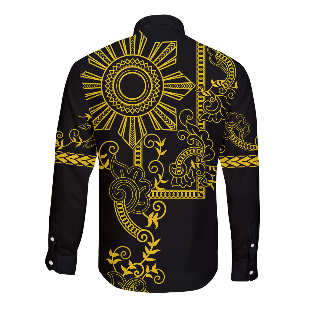 Filipino Sun Tribal Tattoo Long Sleeve Button Shirt Philippines Inspired Barong Simple Gold