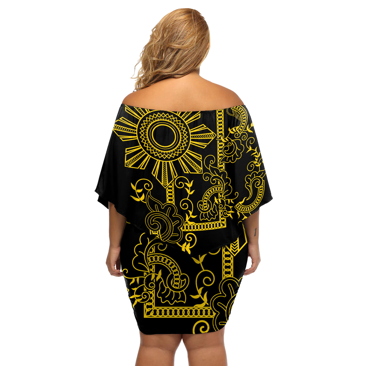 Filipino Sun Tribal Tattoo Off Shoulder Short Dress Philippines Inspired Barong Simple Gold