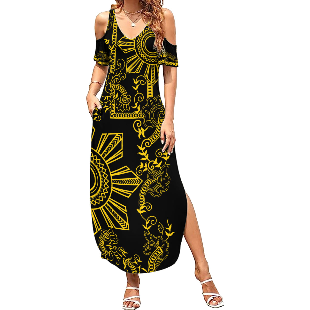 Filipino Sun Tribal Tattoo Summer Maxi Dress Philippines Inspired Barong Simple Gold