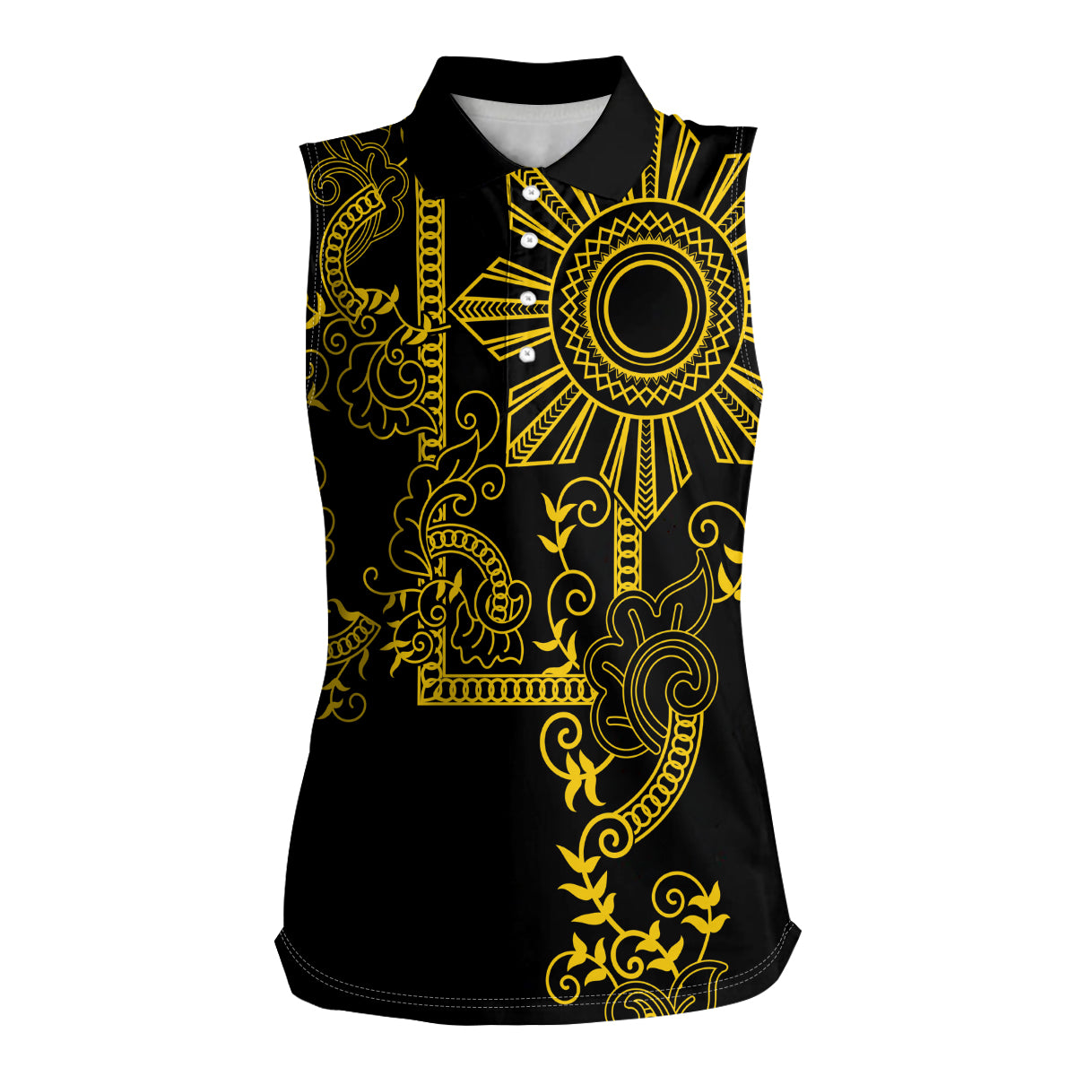 Filipino Sun Tribal Tattoo Women Sleeveless Polo Shirt Philippines Inspired Barong Simple Gold