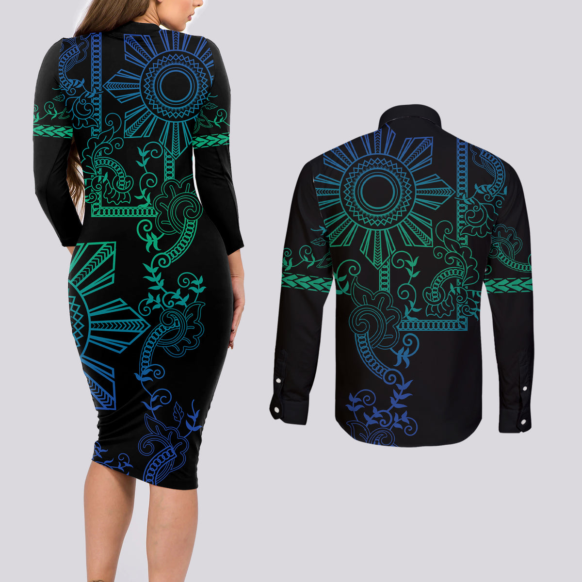 Filipino Sun Tribal Tattoo Couples Matching Long Sleeve Bodycon Dress and Long Sleeve Button Shirt Philippines Inspired Barong Blue Art