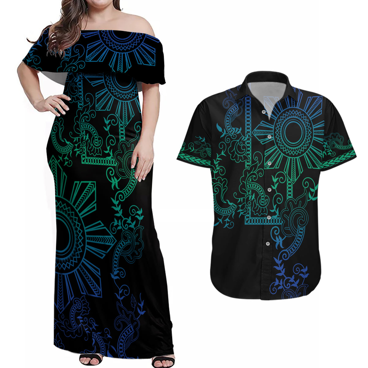 Filipino Sun Tribal Tattoo Couples Matching Off Shoulder Maxi Dress and Hawaiian Shirt Philippines Inspired Barong Blue Art