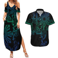 Filipino Sun Tribal Tattoo Couples Matching Summer Maxi Dress and Hawaiian Shirt Philippines Inspired Barong Blue Art