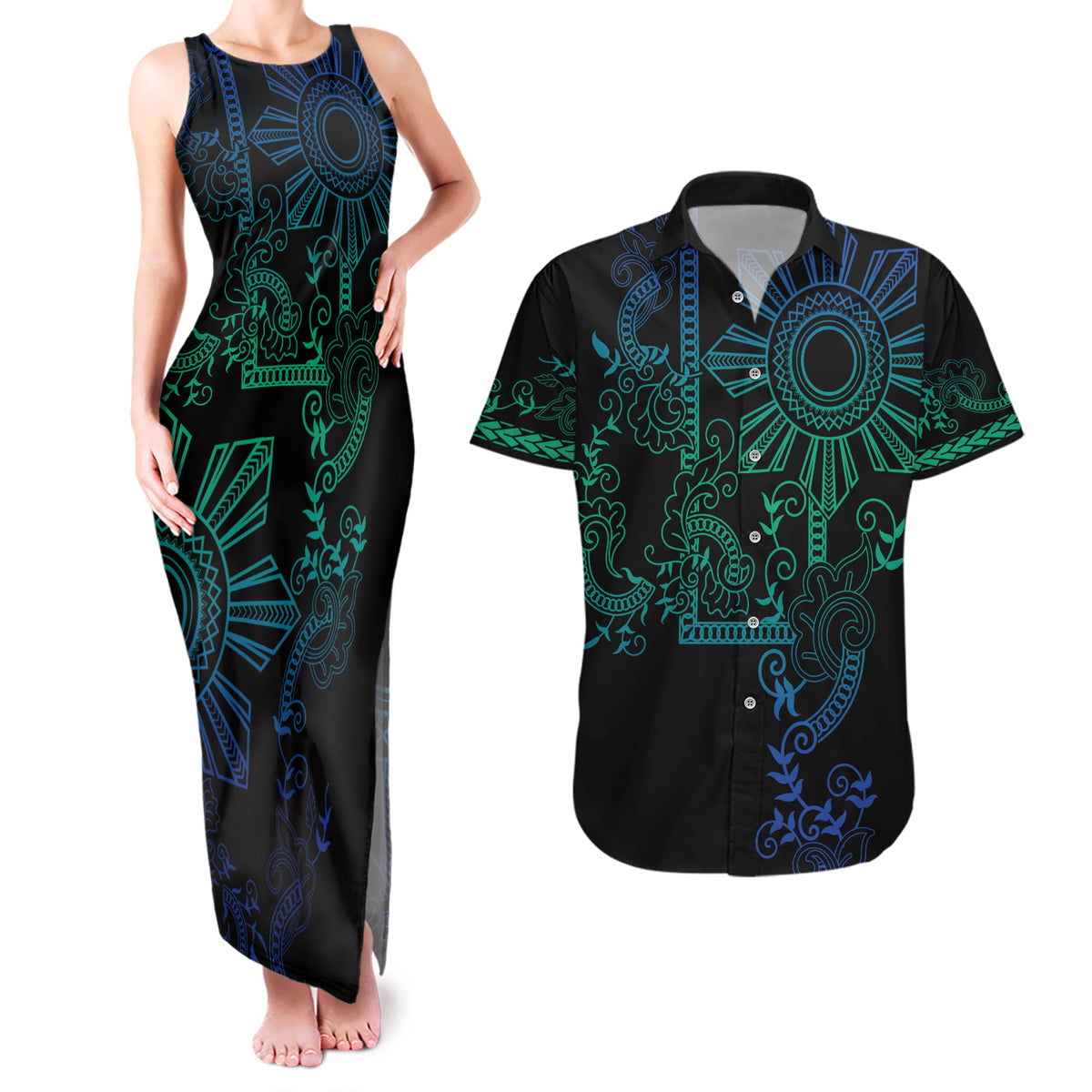 Filipino Sun Tribal Tattoo Couples Matching Tank Maxi Dress and Hawaiian Shirt Philippines Inspired Barong Blue Art