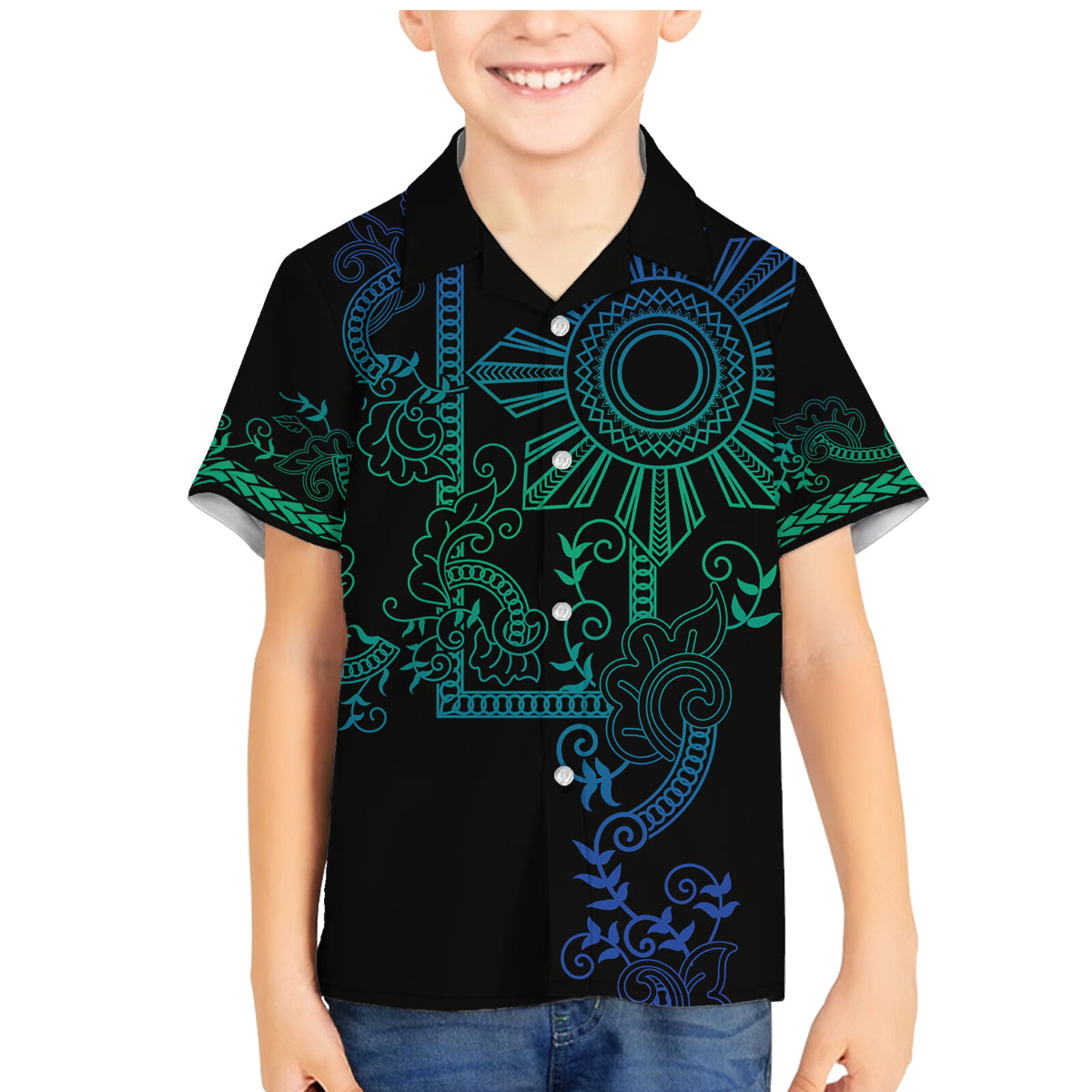 Filipino Sun Tribal Tattoo Family Matching Mermaid Dress and Hawaiian Shirt Philippines Inspired Barong Blue Art