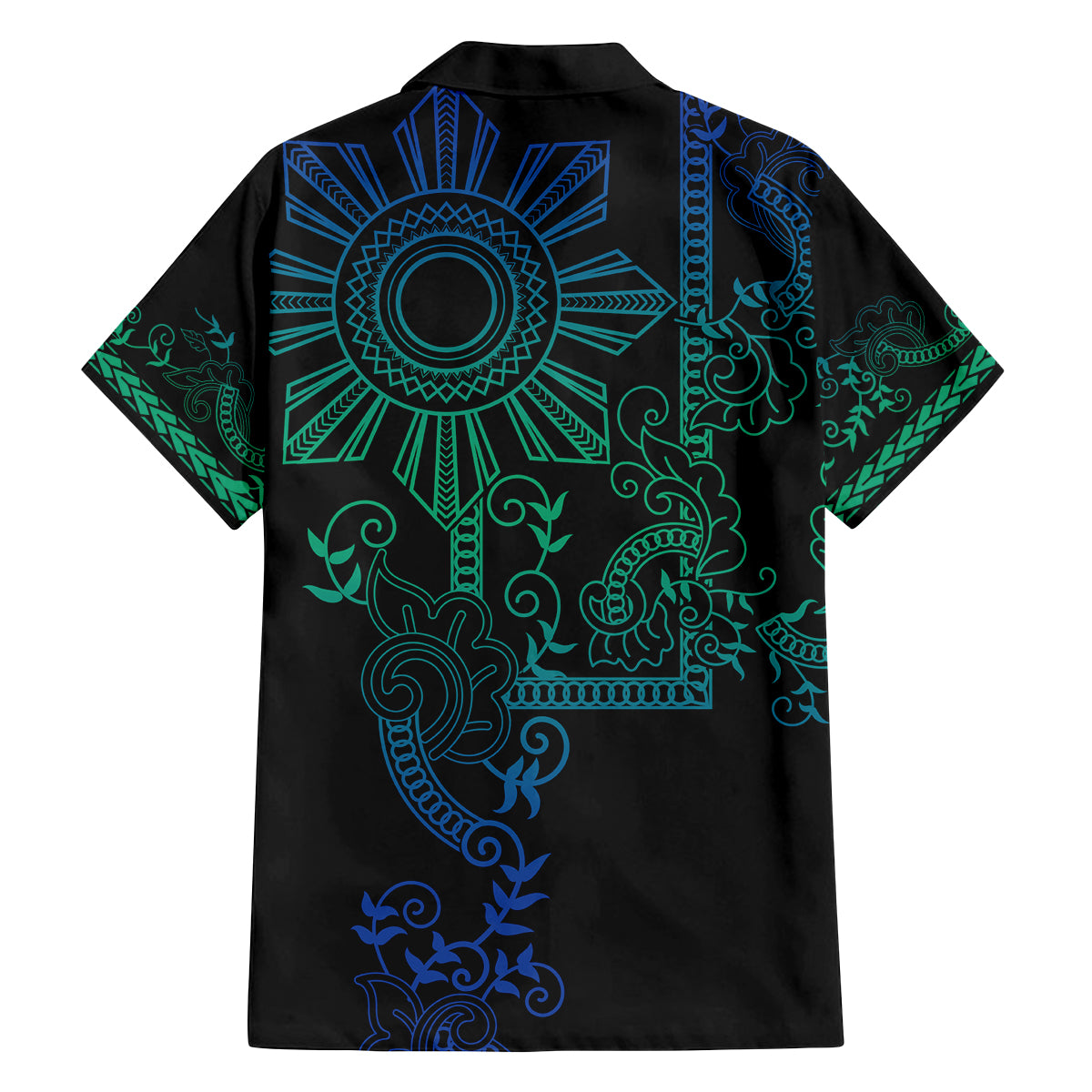 Filipino Sun Tribal Tattoo Family Matching Off Shoulder Short Dress and Hawaiian Shirt Philippines Inspired Barong Blue Art