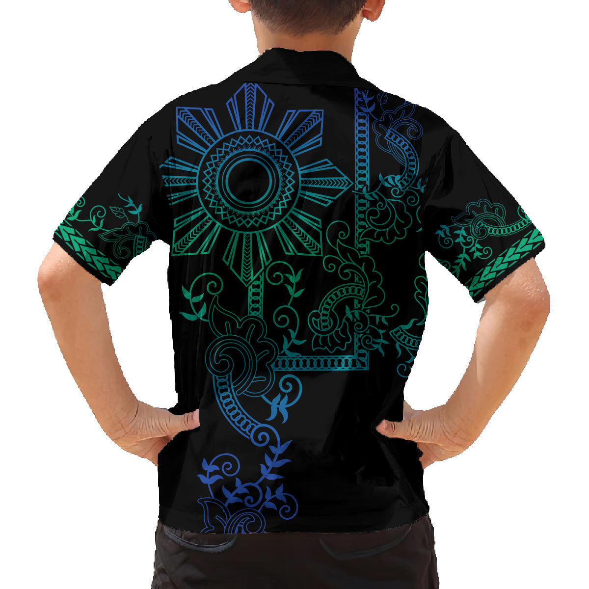 Filipino Sun Tribal Tattoo Family Matching Tank Maxi Dress and Hawaiian Shirt Philippines Inspired Barong Blue Art LT9 - Polynesian Pride