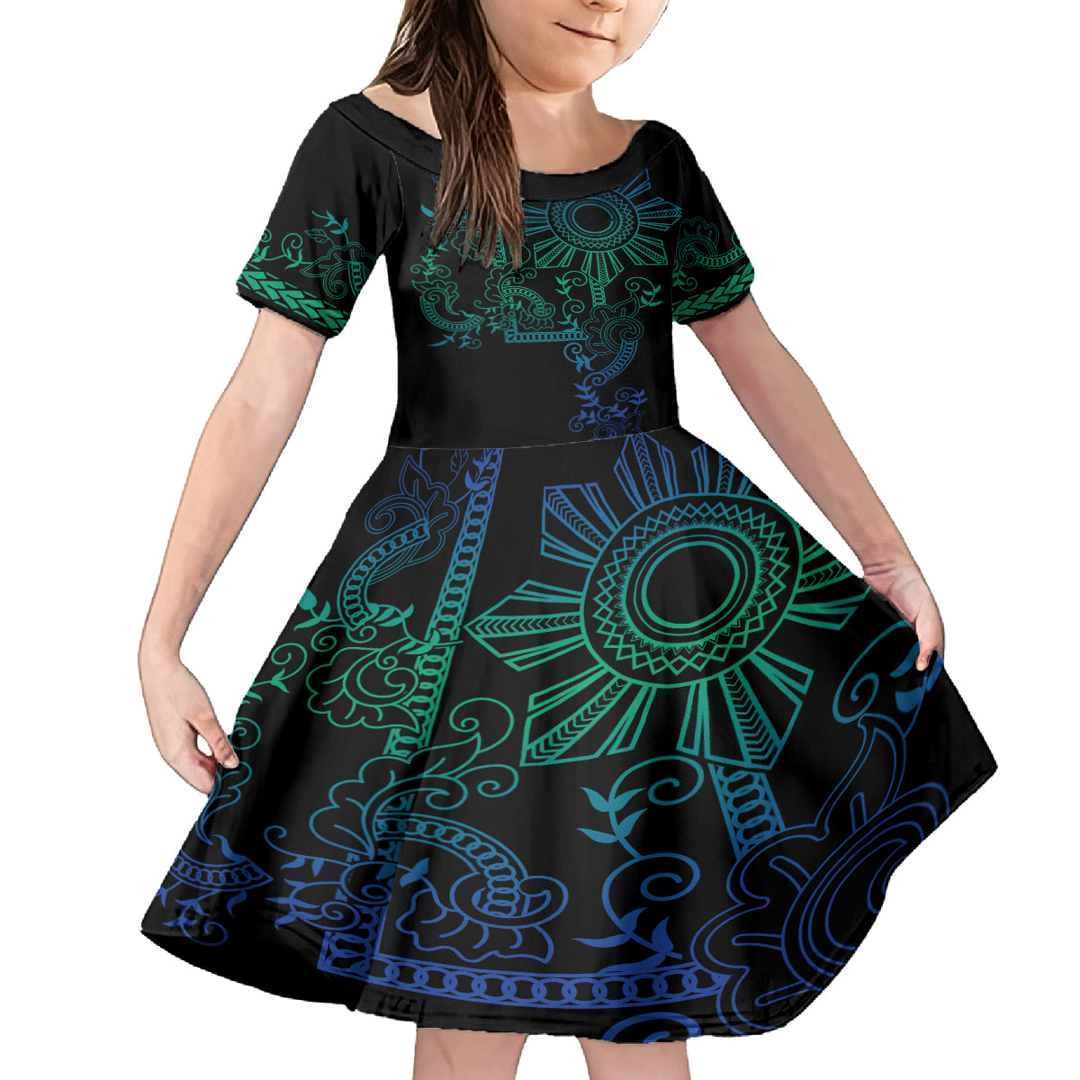 Filipino Sun Tribal Tattoo Family Matching Tank Maxi Dress and Hawaiian Shirt Philippines Inspired Barong Blue Art LT9 Daughter's Dress Blue - Polynesian Pride